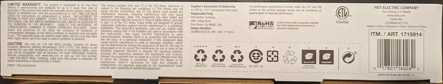 6 PACK Selectable Color Feit Electric Dimmable LED Light Bulbs 2700k-6500k