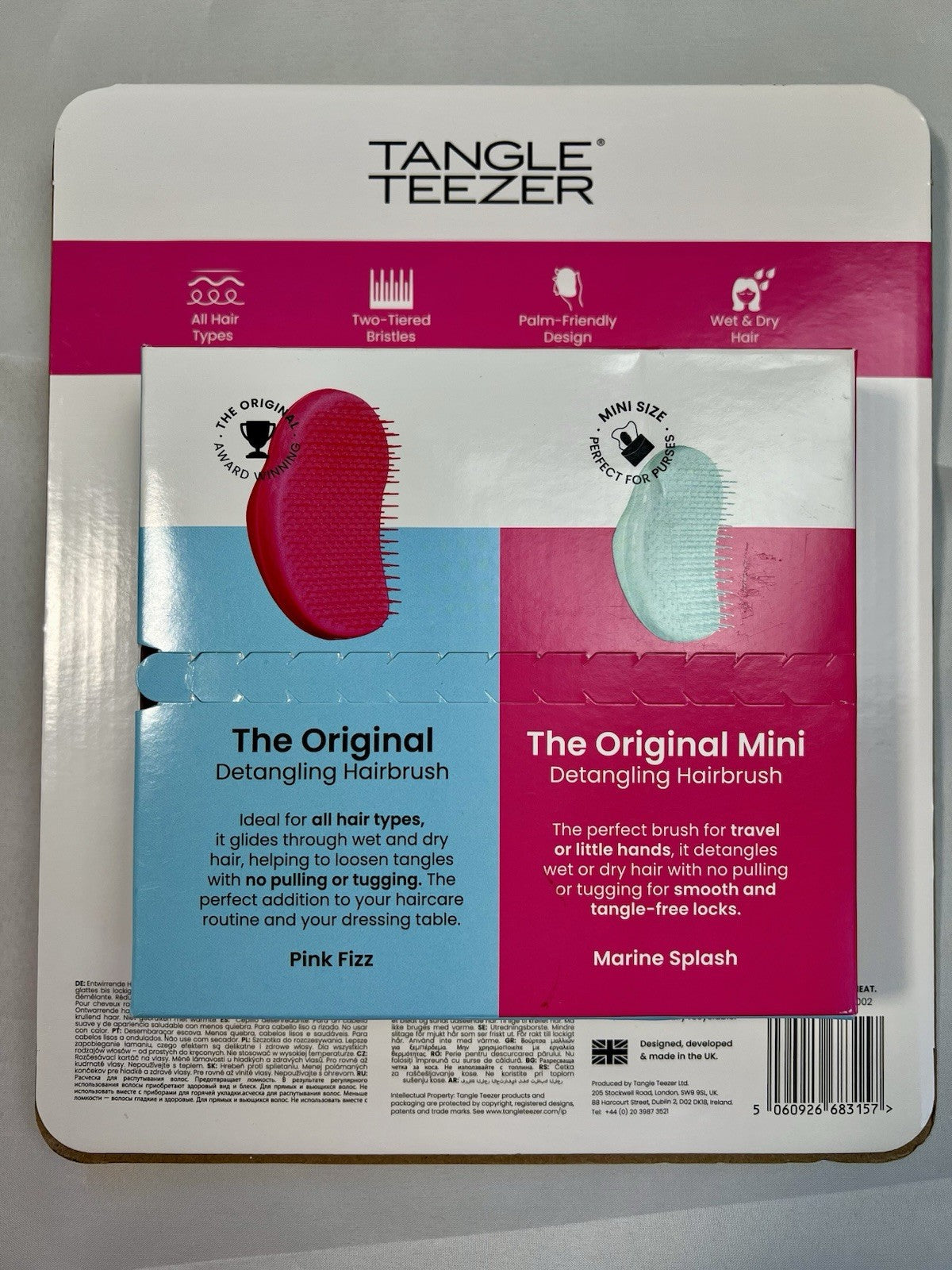 Tangle Teezer The Original & Mini Detangling Hairbrushes Dry & Wet Hair - 2 Pack