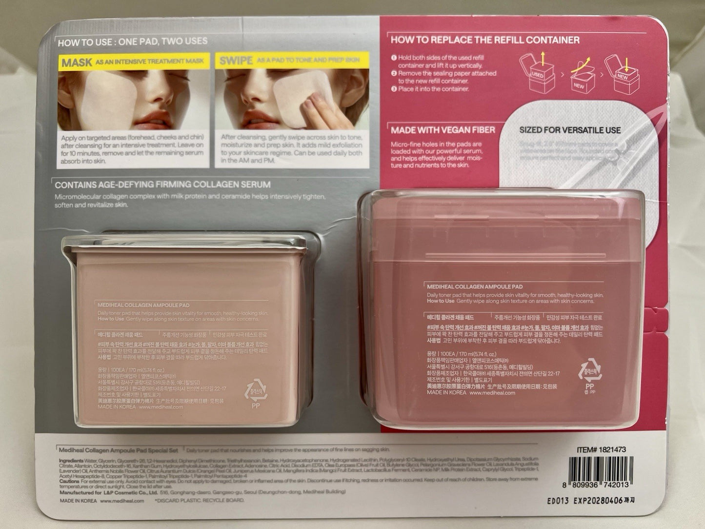 MEDIHEAL Collagen Ampoule Pad Facial Toner Pads Collagen & Ceramide (200 count)