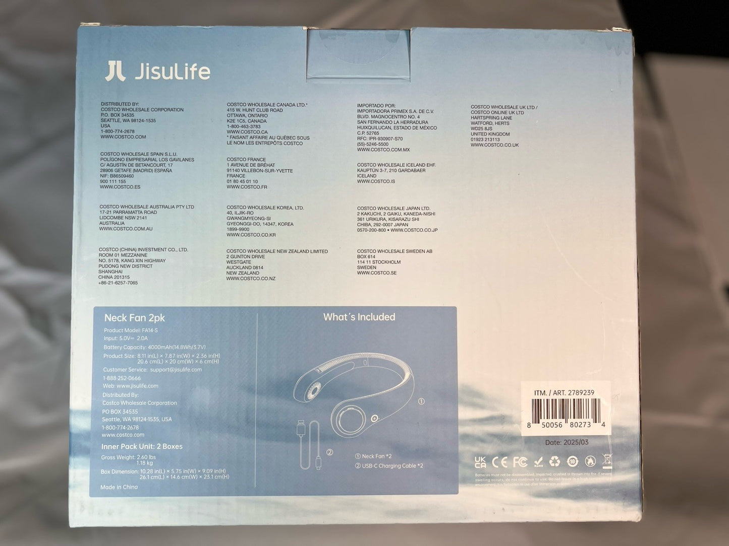 JISULIFE Powerful Neck Fan 2 Pack - 5 Speeds! Rechargeable Portable AC