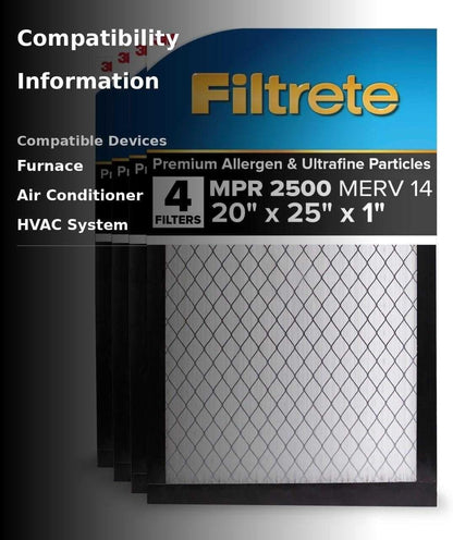 4 PACK Filtrete 2500 - 20x25x1 Premium Allergen AC Furnace Air Filter - Ultimate