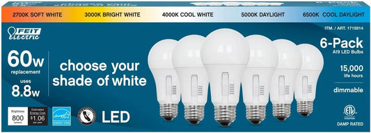 6 PACK Selectable Color Feit Electric Dimmable LED Light Bulbs 2700k-6500k
