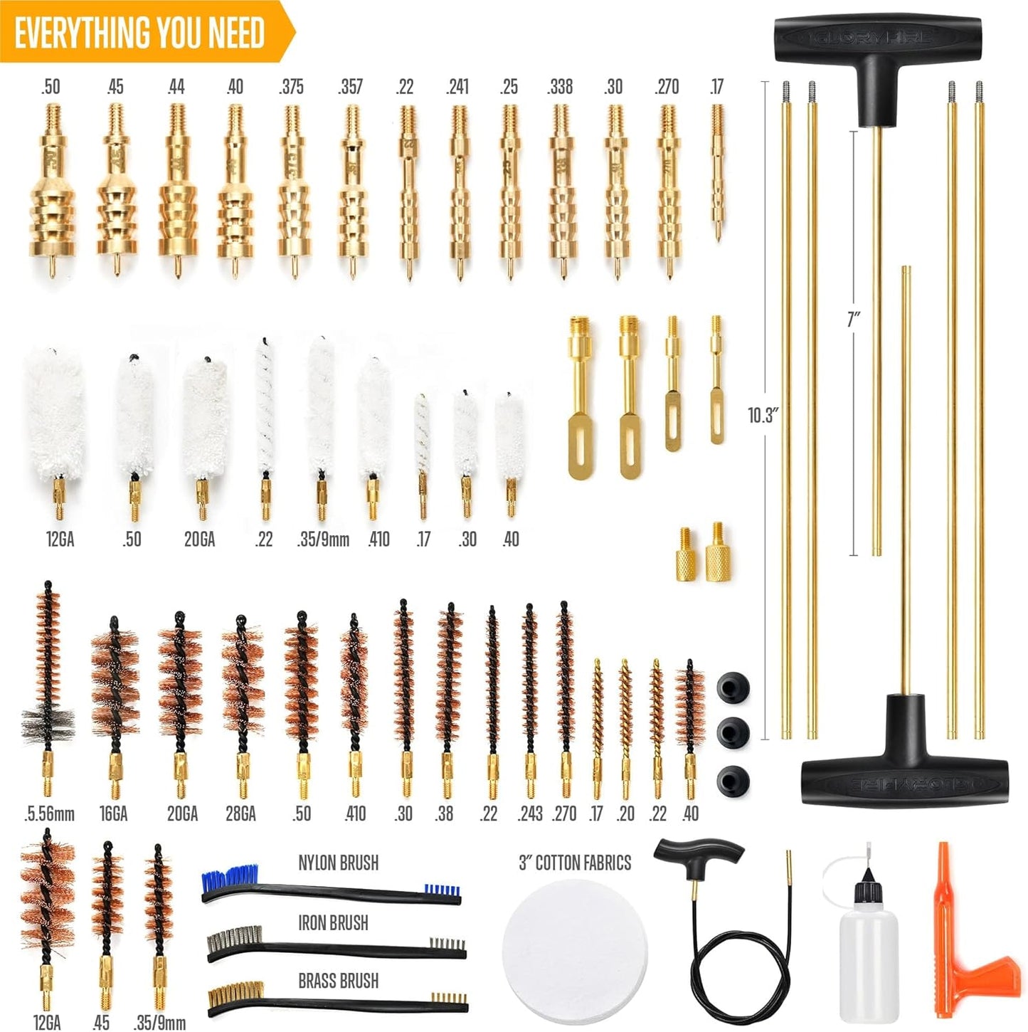 GLORYFIRE Elite Gun Cleaning Kit, Handgun Shotgun Pistol Universal Cleaning Kit with All Brass High-end Brushes, Jags, Reinforced and Lengthened Rods