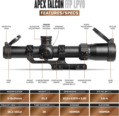 Tacticon Apex Falcon 1-6 x 24mm FFP LPVO Scope with Cantilever Mount