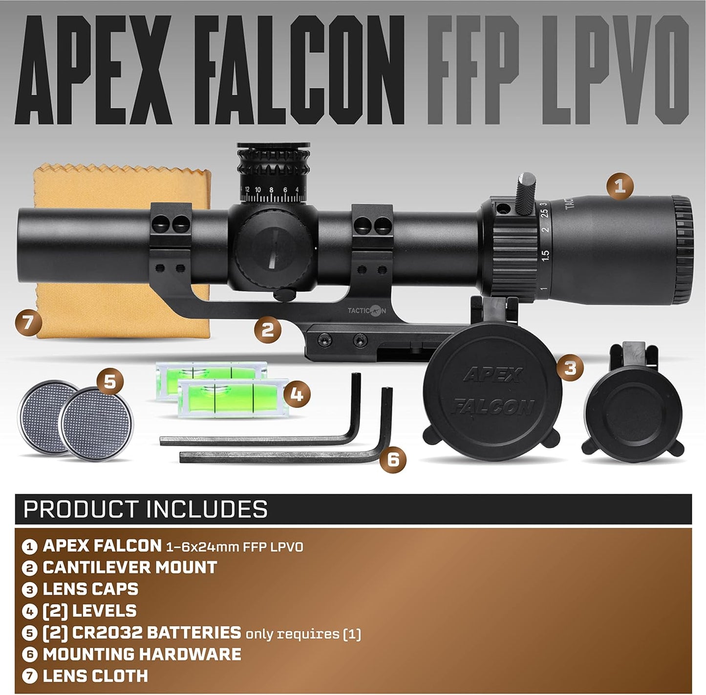 Tacticon Apex Falcon 1-6 x 24mm FFP LPVO Scope with Cantilever Mount
